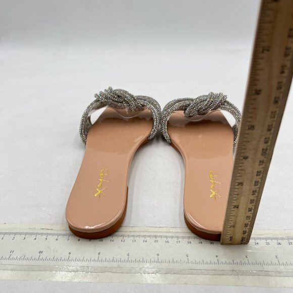 XYD Nude Glitter Shiny Rhinestone Straps Sparkle Fancy Open Toe Slide Sandals - Picture 4 of 7
